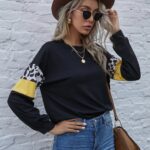 Drop Shoulder Leopard Color Block Sleeve Pullover