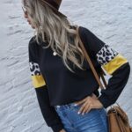 Drop Shoulder Leopard Color Block Sleeve Pullover