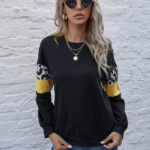 Drop Shoulder Leopard Color Block Sleeve Pullover