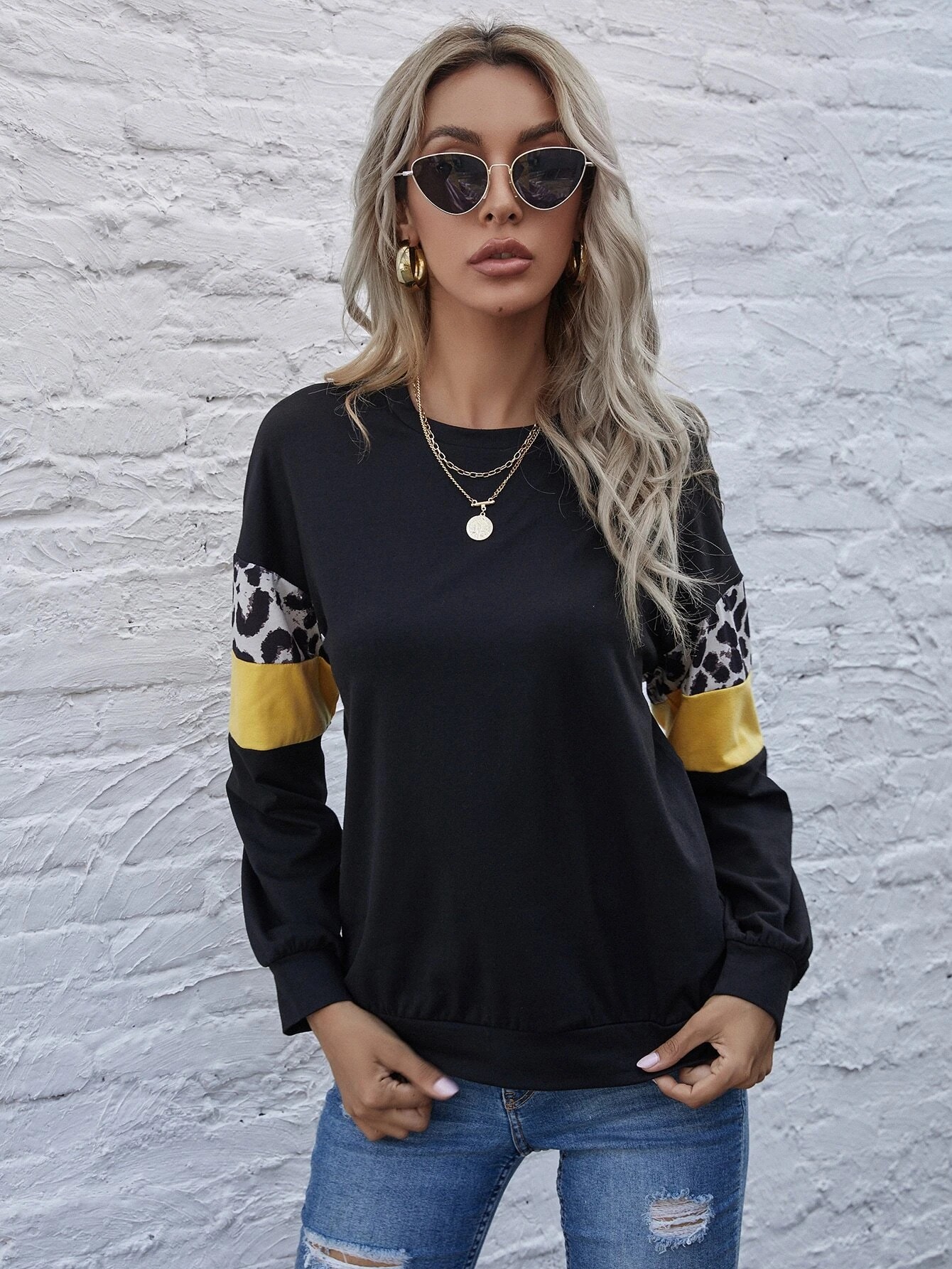 Drop Shoulder Leopard Color Block Sleeve Pullover