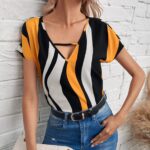 Keyhole Neck Striped Colorblock Top
