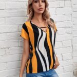 Keyhole Neck Striped Colorblock Top