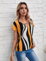 Keyhole Neck Striped Colorblock Top