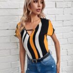 Keyhole Neck Striped Colorblock Top