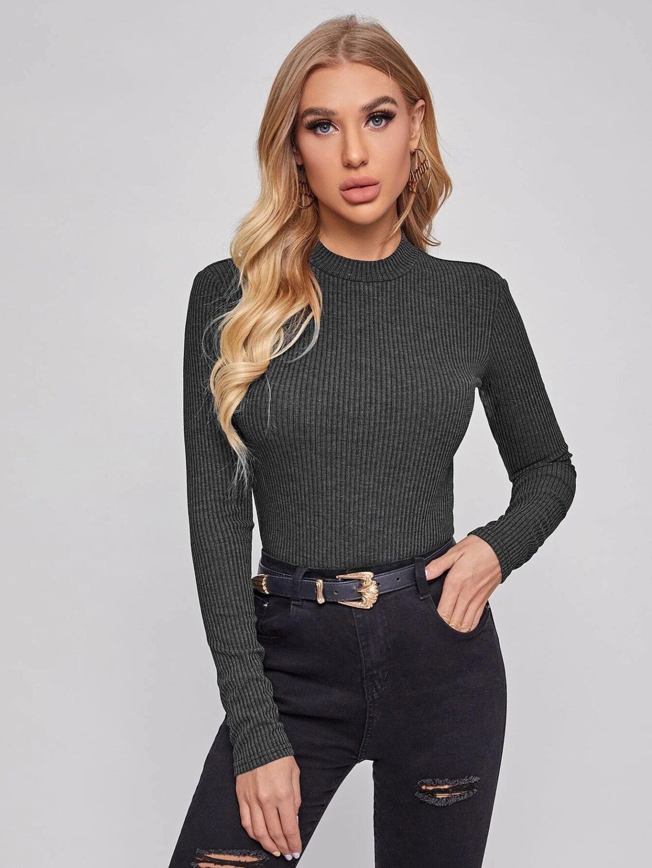 Mock-neck Solid Fitted Tee - Ayla Closet