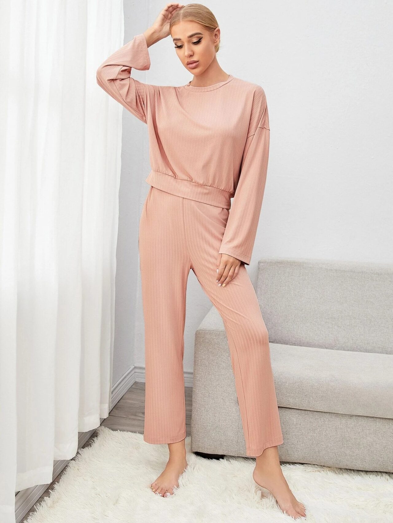 Solid Drop Shoulder Lounge Set