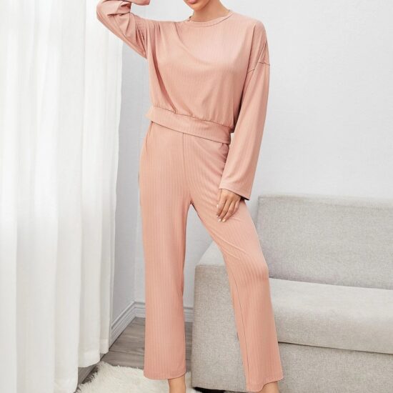 Solid Drop Shoulder Lounge Set