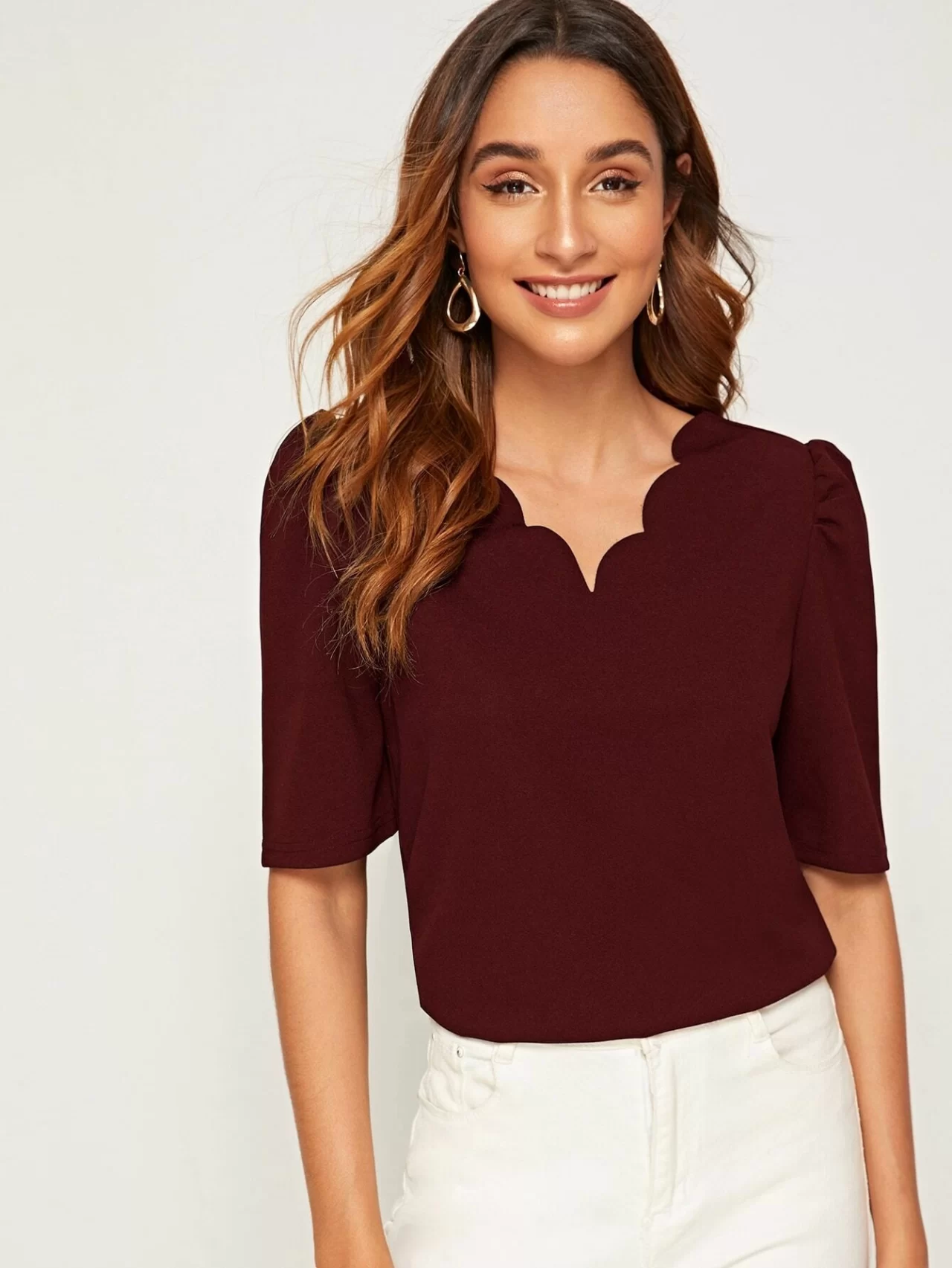 Scallop Trim Puff Sleeve Top