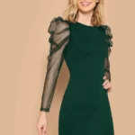 Mesh Leg-of-mutton Sleeve Fitted Dress