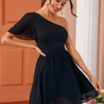 One Shoulder Swiss Dot Panel Dress