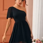 One Shoulder Swiss Dot Panel Dress