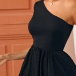 One Shoulder Swiss Dot Panel Dress