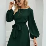 Lantern Sleeve Belted Tunic Dress