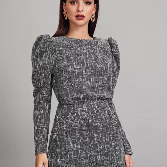 Leg-of-mutton Sleeve Buttoned Back Tweed Top & Shorts Set