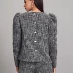 Leg-of-mutton Sleeve Buttoned Back Tweed Top & Shorts Set