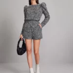 Leg-of-mutton Sleeve Buttoned Back Tweed Top & Shorts Set