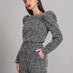 Leg-of-mutton Sleeve Buttoned Back Tweed Top & Shorts Set