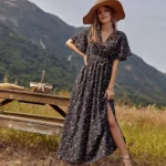 Allover Floral Print Split Thigh Belted Dress
