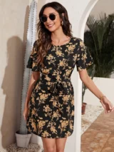 Allover Floral Print Belted Dress