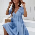 V Neck Solid Smock Dress
