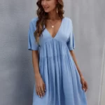 V Neck Solid Smock Dress