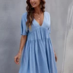 V Neck Solid Smock Dress