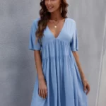 V Neck Solid Smock Dress