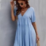 V Neck Solid Smock Dress