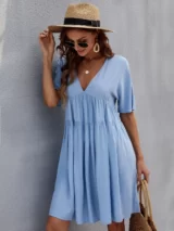 V Neck Solid Smock Dress