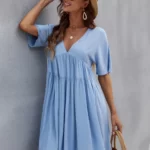 V Neck Solid Smock Dress