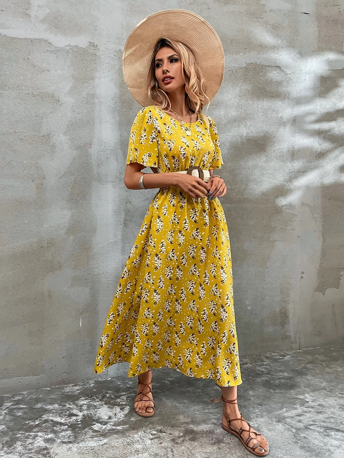 Allover Floral Print A-line Dress Without Belt