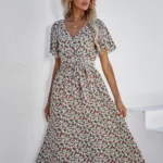 Allover Floral Print Bell Sleeve Belted Dress