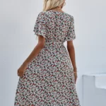 Allover Floral Print Bell Sleeve Belted Dress
