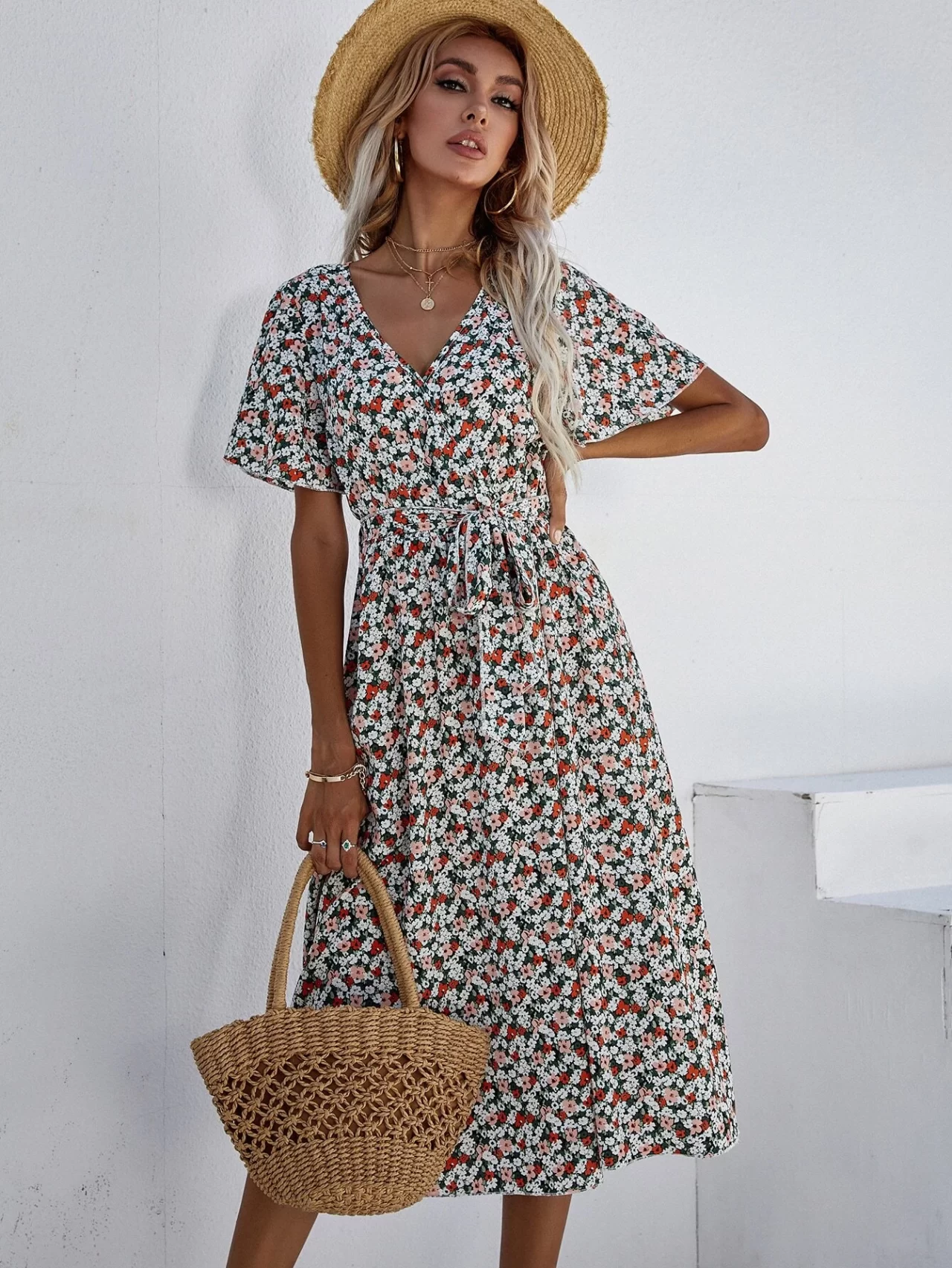 Allover Floral Print Bell Sleeve Belted Dress