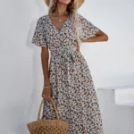 Allover Floral Print Bell Sleeve Belted Dress