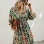 All Over Print Wrap Neck Tie Back Dress