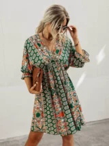 All Over Print Wrap Neck Tie Back Dress