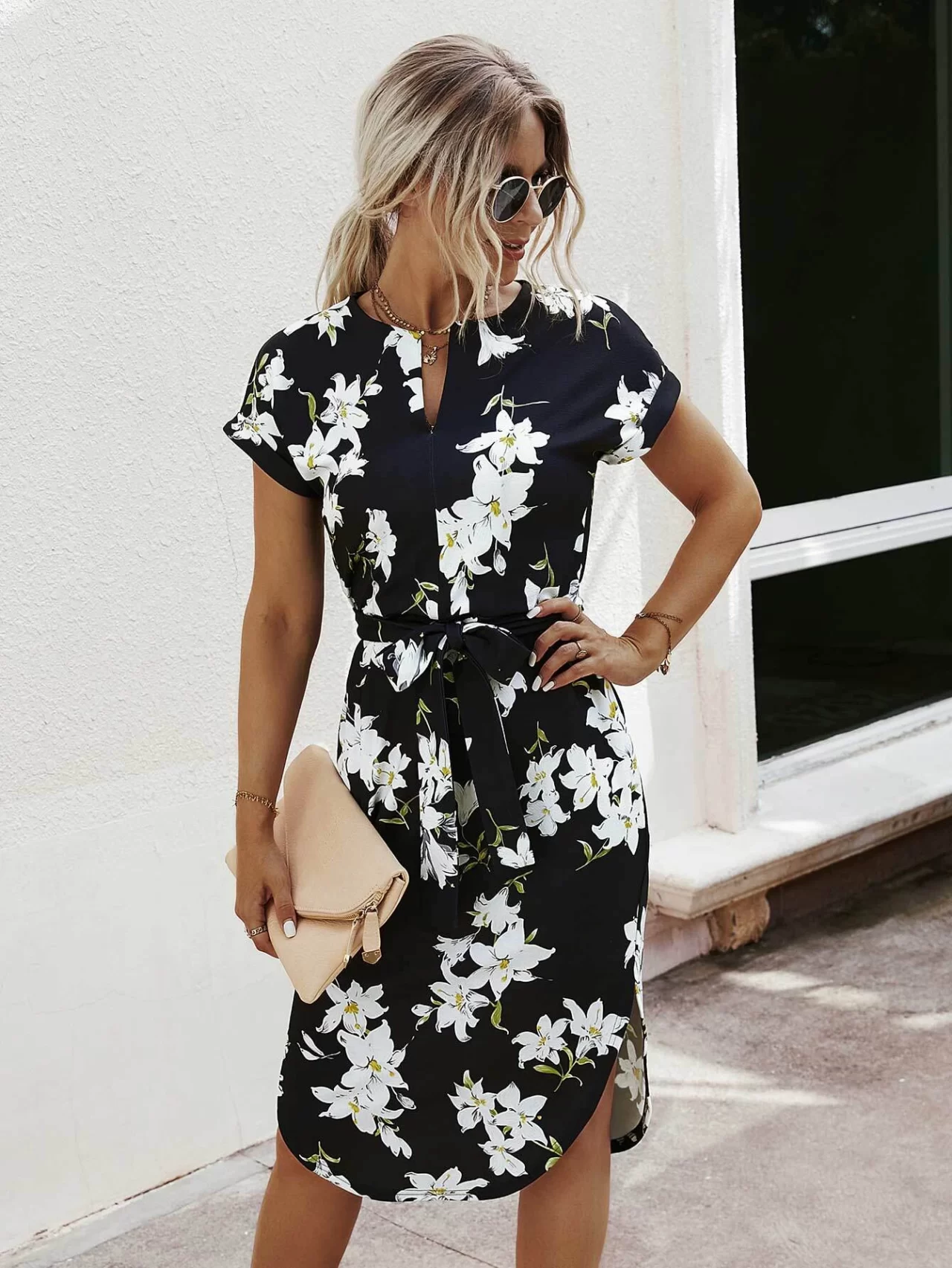 Notched Neck Floral Print Belted Dress