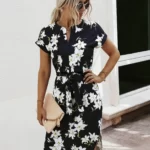 Notched Neck Floral Print Belted Dress