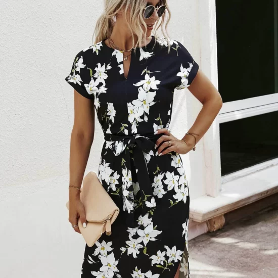 Notched Neck Floral Print Belted Dress