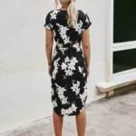 Notched Neck Floral Print Belted Dress