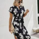 Notched Neck Floral Print Belted Dress