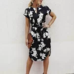 Notched Neck Floral Print Belted Dress