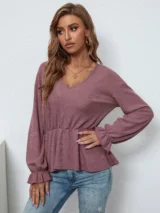 Waffle Knit Flounce Sleeve Peplum Top