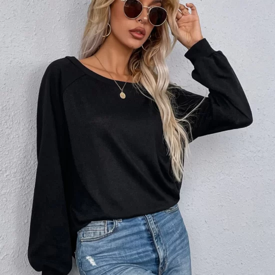 Solid Scoop Neck Raglan Sleeve Pullover