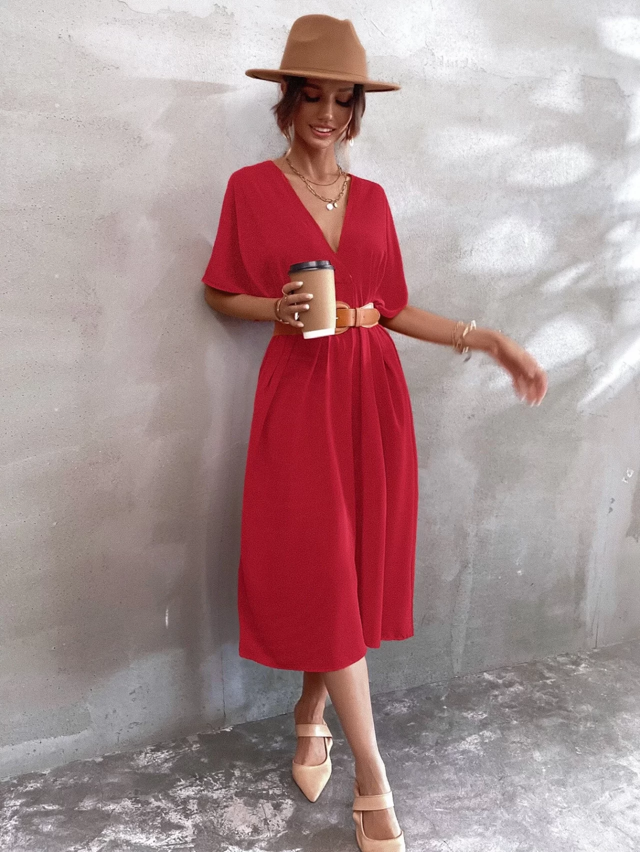 Solid Plunging Neck Dress Without Belt