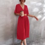 Solid Plunging Neck Dress Without Belt